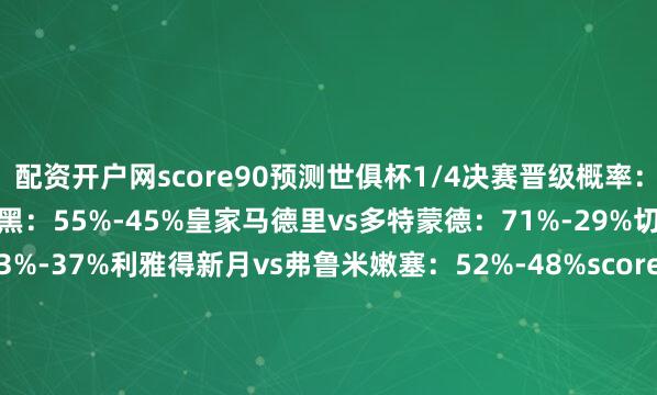配资开户网score90预测世俱杯1/4决赛晋级概率：巴黎圣日耳曼vs拜仁慕尼黑：55%-45%皇家马德里vs多特蒙德：71%-29%切尔西vs帕尔梅拉斯：63%-37%利雅得新月vs弗鲁米嫩塞：52%-48%score90预测世俱杯夺冠概率：1. 巴黎圣日耳曼 25%2. 皇家马德里 23%3. 切尔西 17%4. 拜仁慕尼黑 12%5. 利雅得新月 8%【独家看世俱杯就在咪咕】